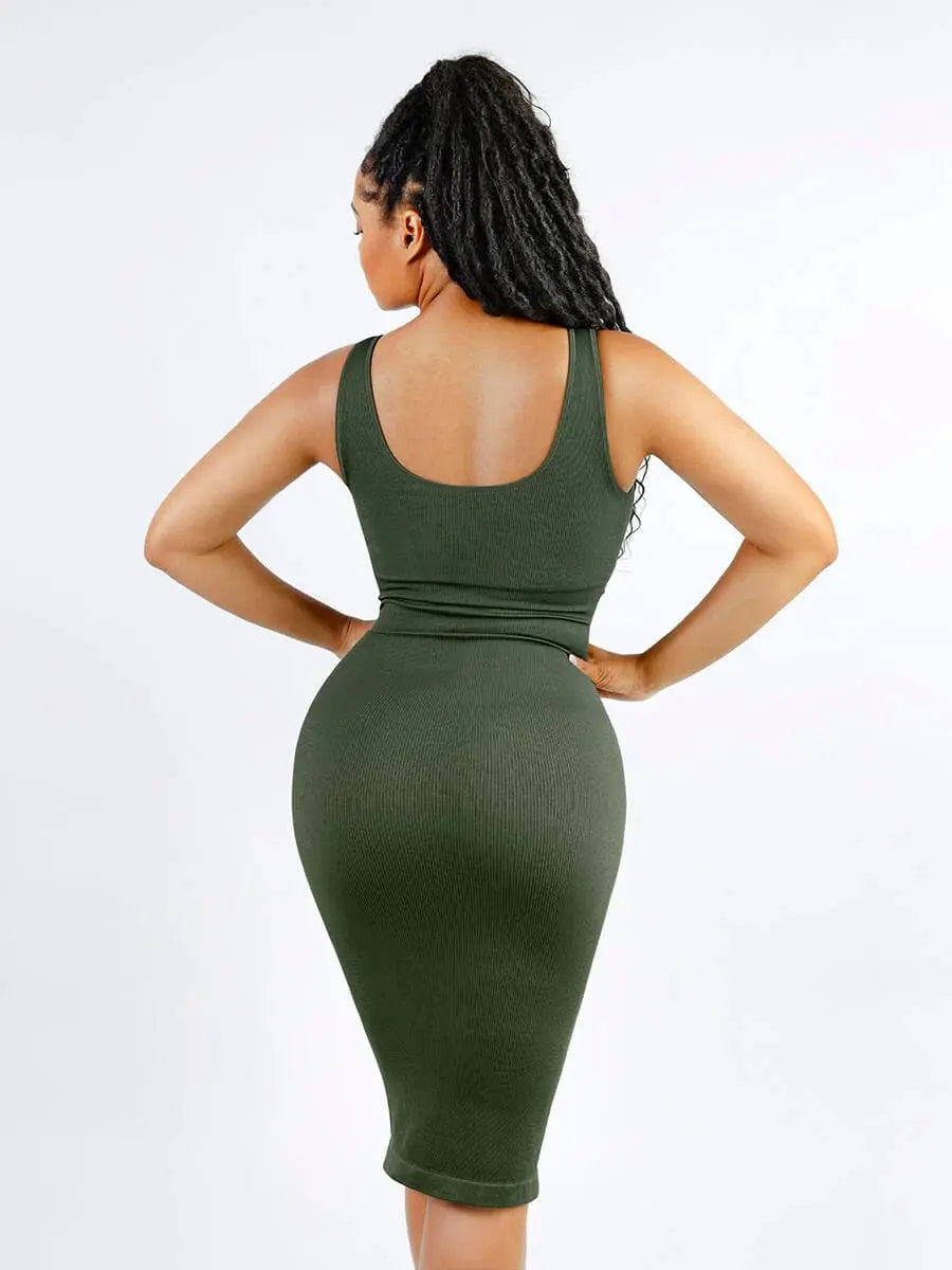" Ashleigh "  Seamless Deep V-neck Waist Trimming Shaping Dress with Removable Pads - THE BODY FIX