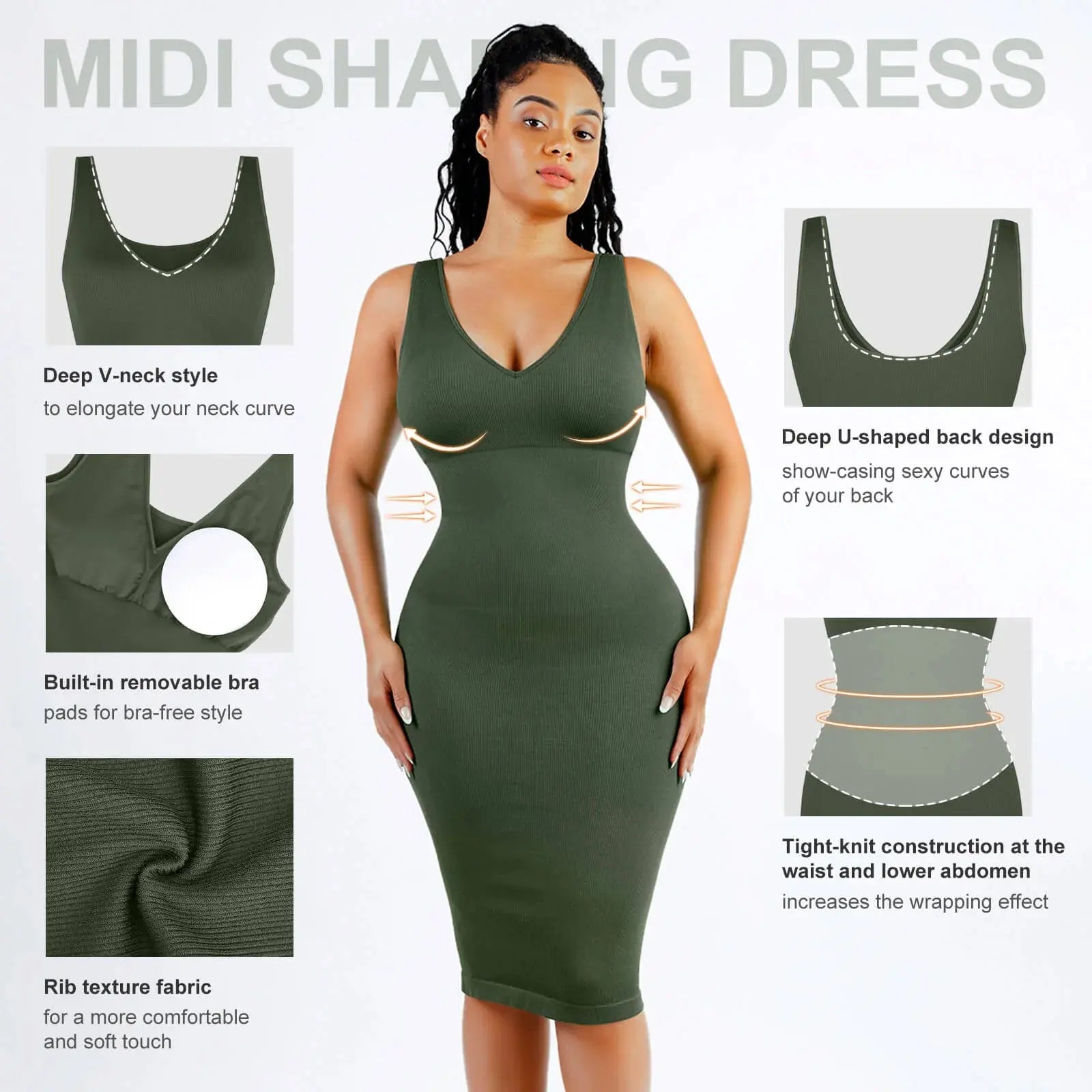 " Ashleigh "  Seamless Deep V-neck Waist Trimming Shaping Dress with Removable Pads - THE BODY FIX