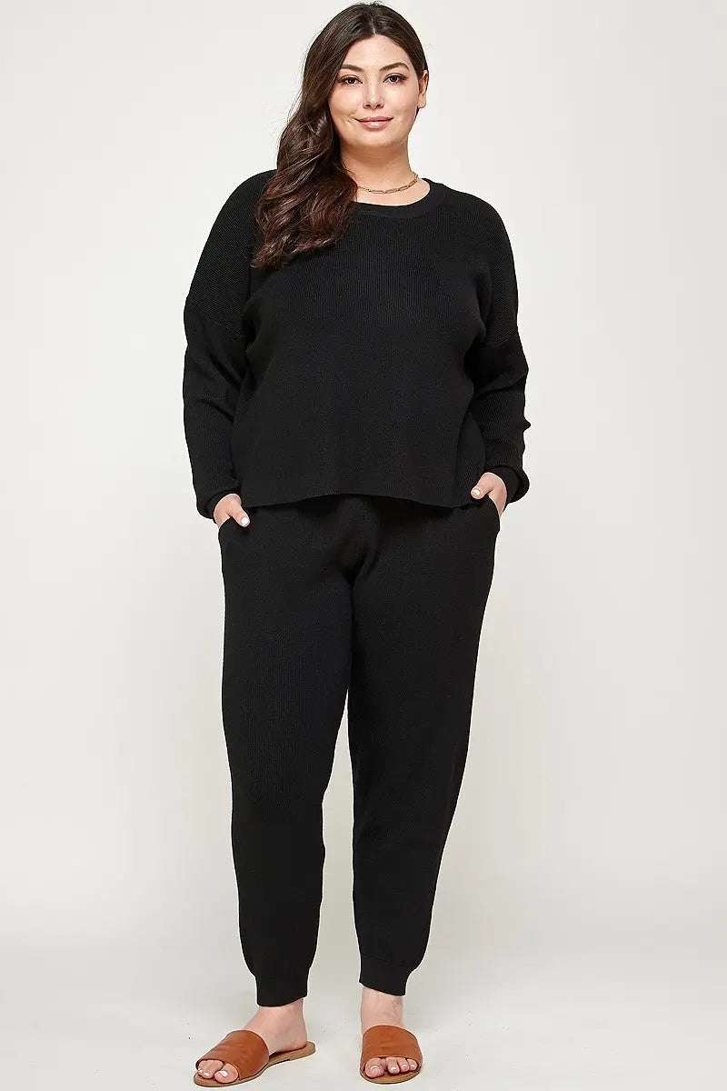 “ Happy “ Plus Size Solid Sweater Knit Top And Pant Set - THE BODY FIX