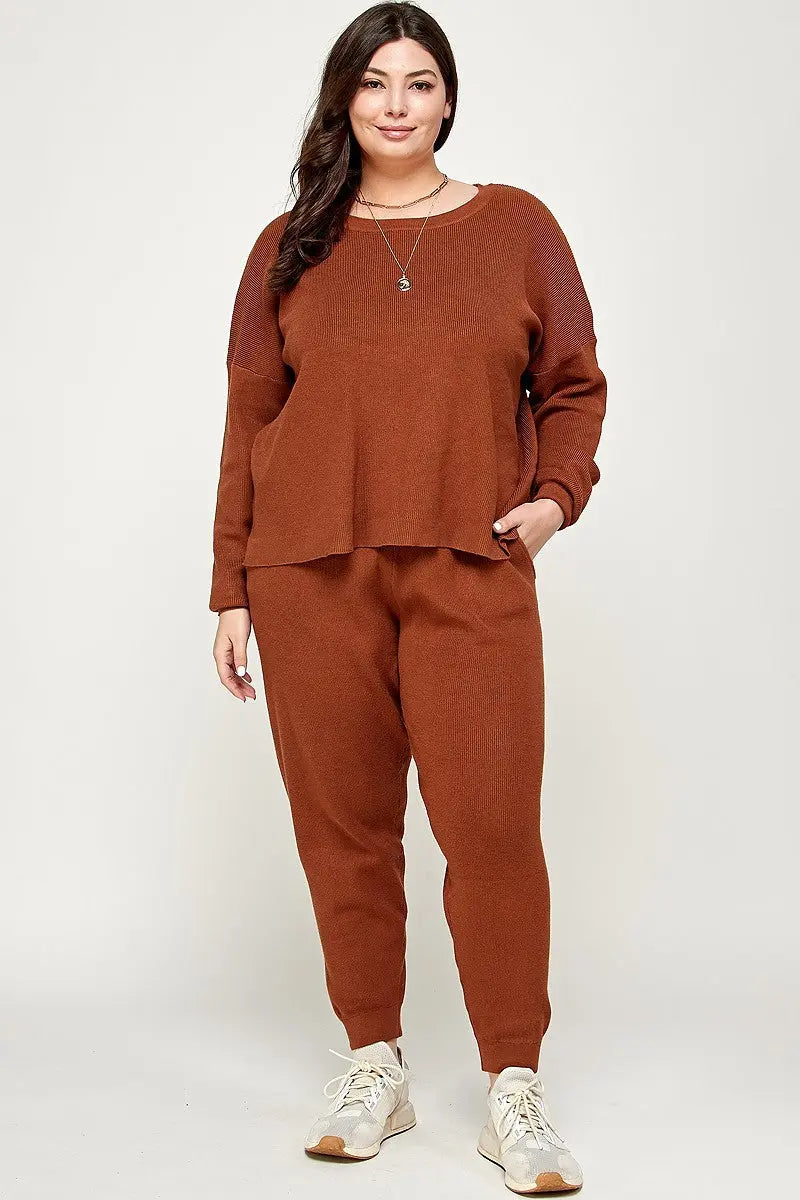 “ Happy “ Plus Size Solid Sweater Knit Top And Pant Set - THE BODY FIX