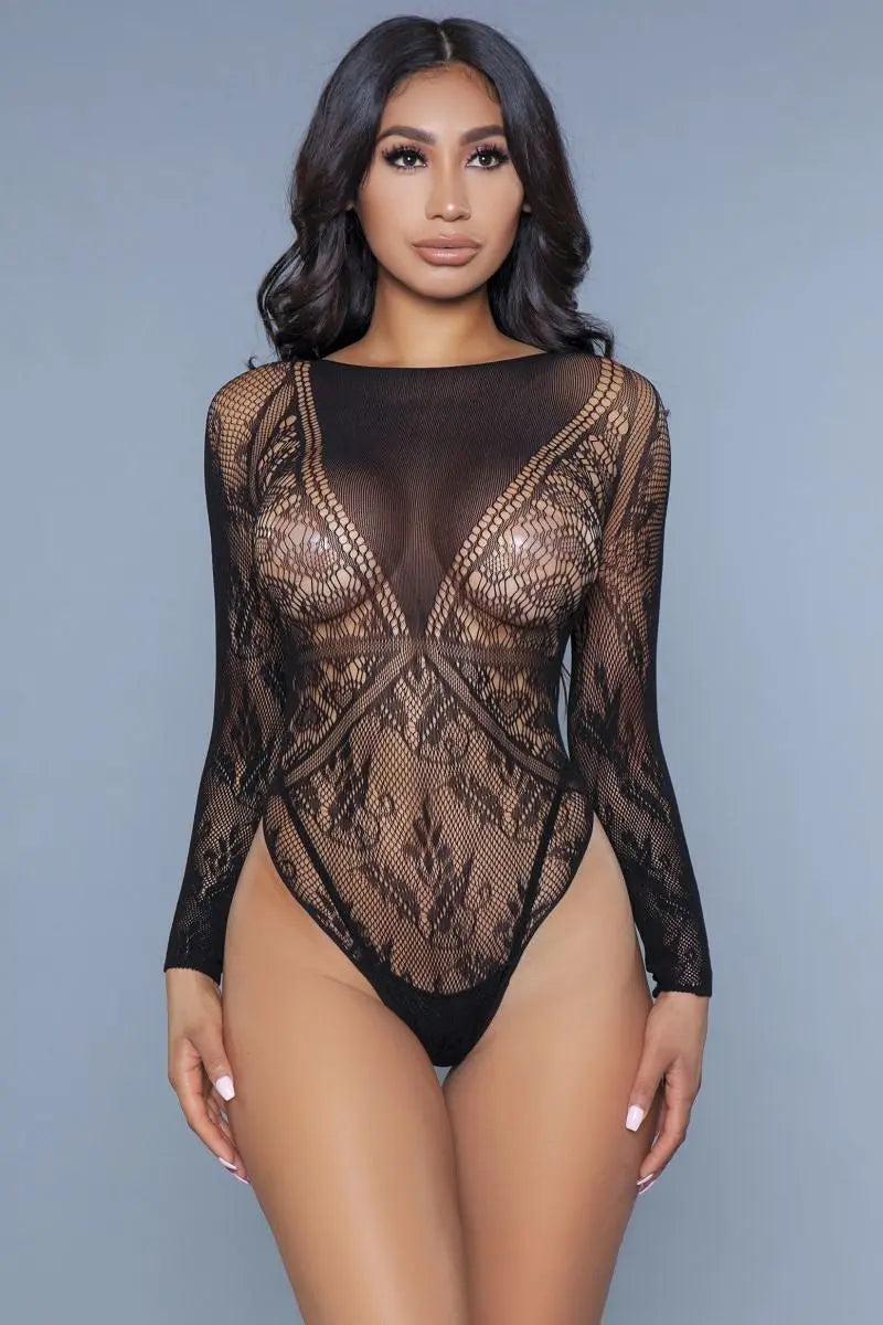 Heart Shape Detail With Floral Lace Bottom/sleeves Bodysuit - THE BODY FIX