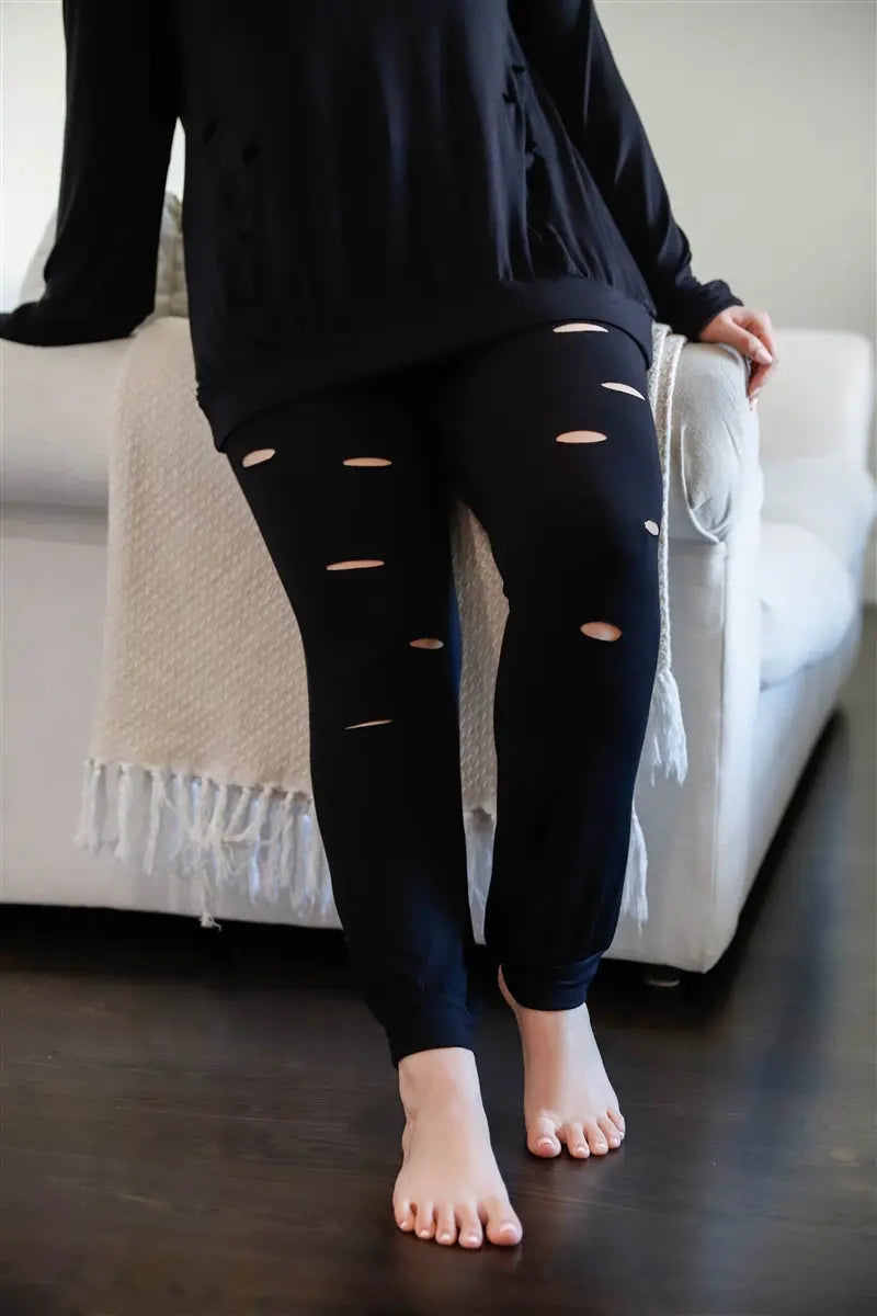 Plus Black Distressed Hooded Long Sleeve Top & Pants Set - THE BODY FIX