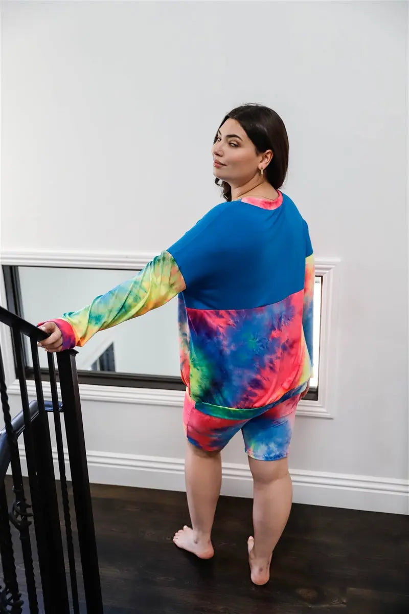 Plus Blue Neon Rainbow Tie-dye Colorblock Long Sleeve Top & Biker Shorts Set - THE BODY FIX