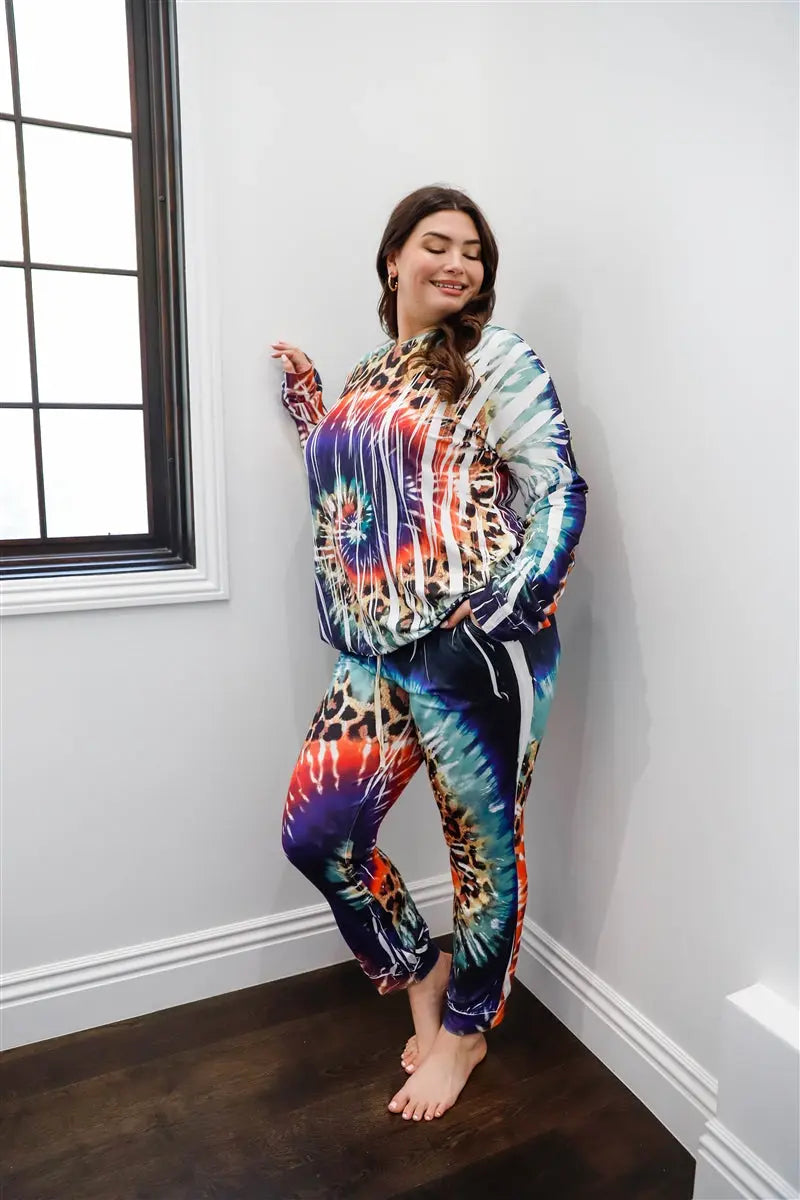 Plus Ivory Animal Multi Color Print Hooded Long Sleeve Top & Pants Set - THE BODY FIX