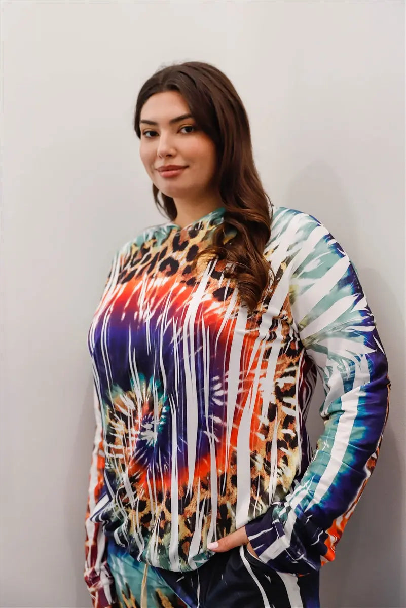 Plus Ivory Animal Multi Color Print Hooded Long Sleeve Top & Pants Set - THE BODY FIX
