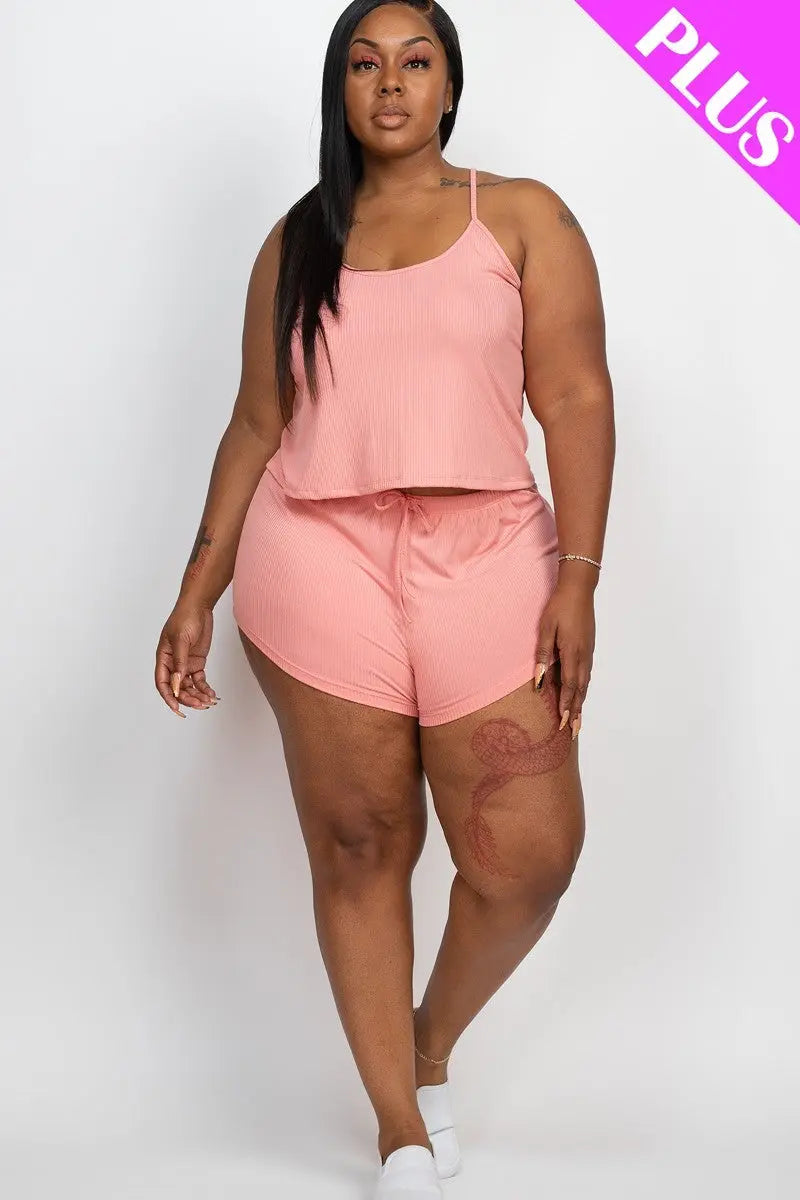 Plus Ribbed Strappy Top And Shorts Set - THE BODY FIX