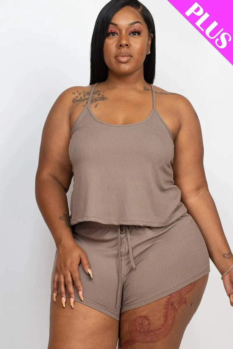 Plus Ribbed Strappy Top And Shorts Set - THE BODY FIX