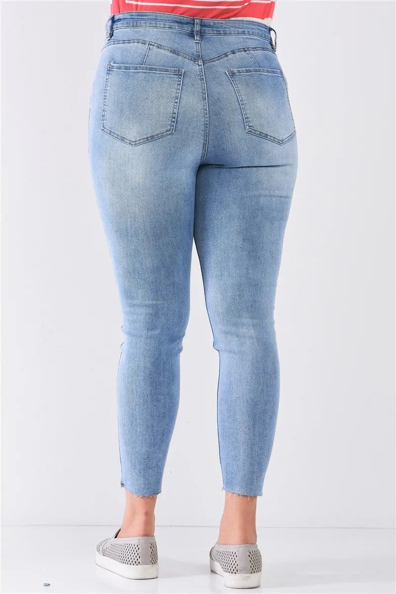 Plus Size Denim Mid-rise Raw Hem Detail Ripped Skinny Jean Pants - THE BODY FIX