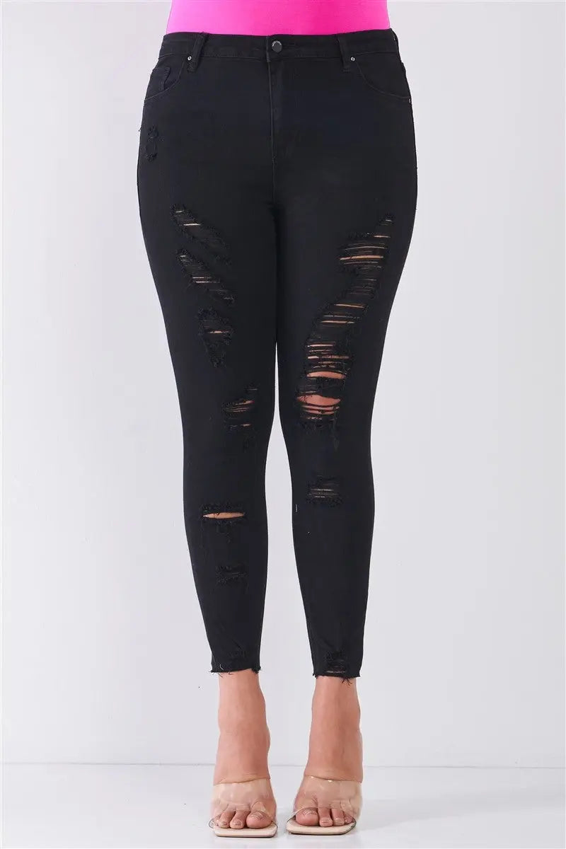 Plus Size Denim Mid-rise Raw Hem Detail Ripped Skinny Jean Pants - THE BODY FIX