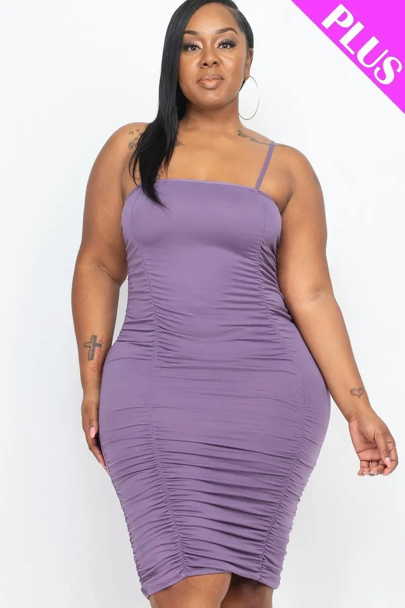 Plus Size Double Ruched Front And Ruched Back Detail Mini Dress - THE BODY FIX