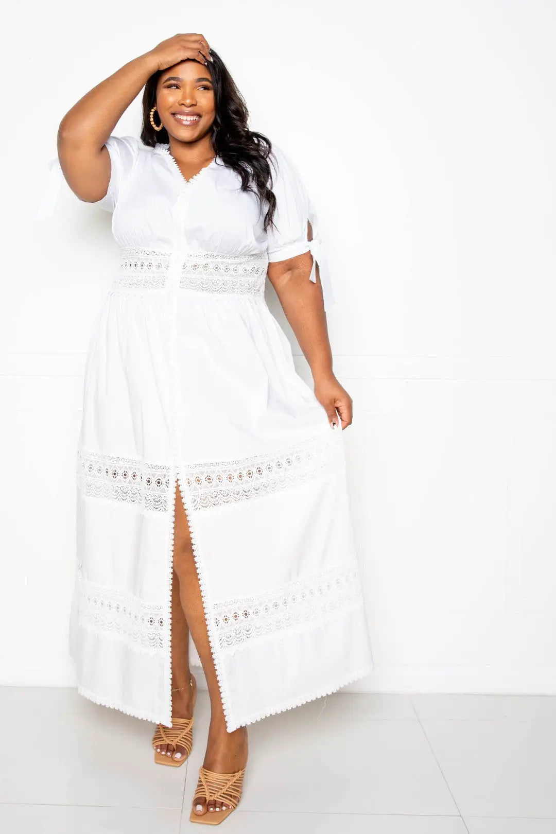 Puff Sleeve Maxi Dress With Lace Insert - THE BODY FIX