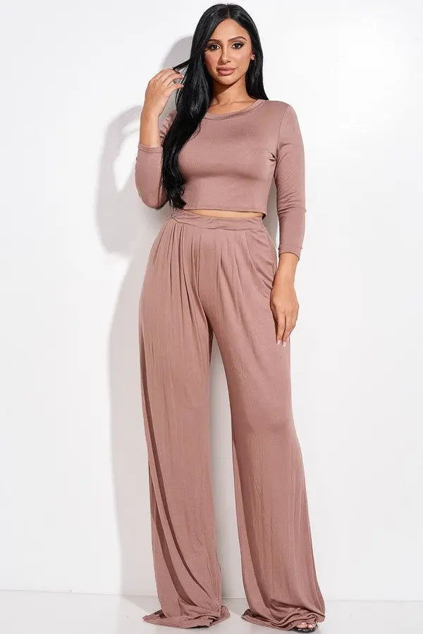 Solid 3/4 Sleeve Top And Wide Leg Pleated Pants Two Piece Set - THE BODY FIX