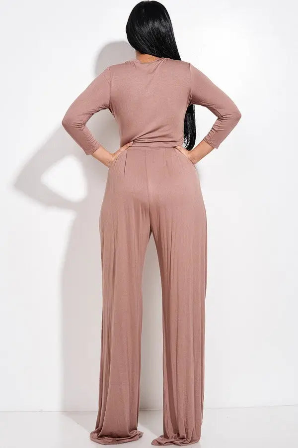 Solid 3/4 Sleeve Top And Wide Leg Pleated Pants Two Piece Set - THE BODY FIX