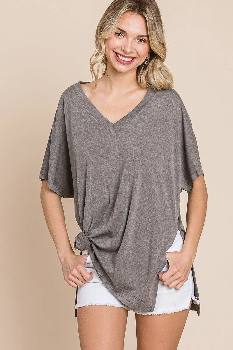 Solid V Neck Casual And Basic Top With Short Dolman Sleeves And Side Slit Hem - THE BODY FIX