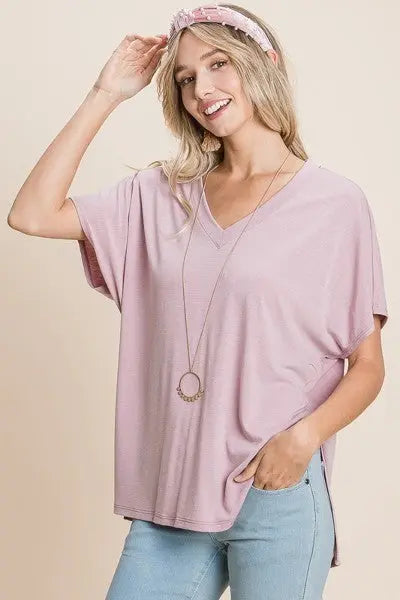 Solid V Neck Casual And Basic Top With Short Dolman Sleeves And Side Slit Hem - THE BODY FIX